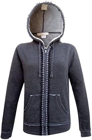 Nature Art Womens Fleece Zip Up Hoodie Embellished Fringe Unique USA Charcoal M