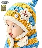(アプリーレ) Aprire ニット帽 マフラー セット ベビー キッズ 男の子 女の子 あったか ボーダー キャップ かわいい 防寒 (黄色×水色)