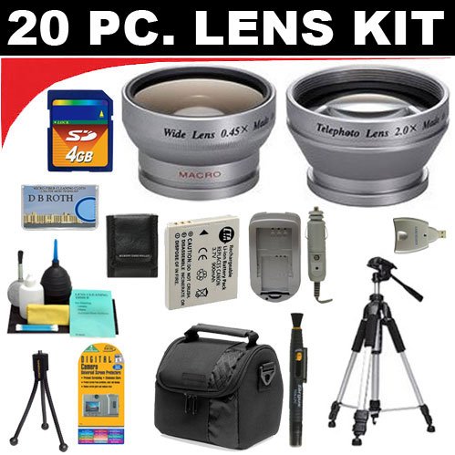 20 Piece Lens Kit Which Includes A 2x Digital Telephoto Professional Series Lens + 0.45x Digital Wide Angle Macro Professional Series Lens + 4GB Memroy Card + Deluxe Case + Battery + Charger + Deluxe DB ROTH Accessory Kit For The Canon Powershot SD990, SD950, SD900, SD890, SD880, SD870, SD850, SD800, SD790, SD700, SD40 Digital Cameras