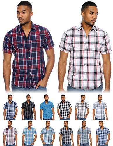 Enimay Men's Designer Slim Fit Plaid Button Down Short Sleeve Shirts