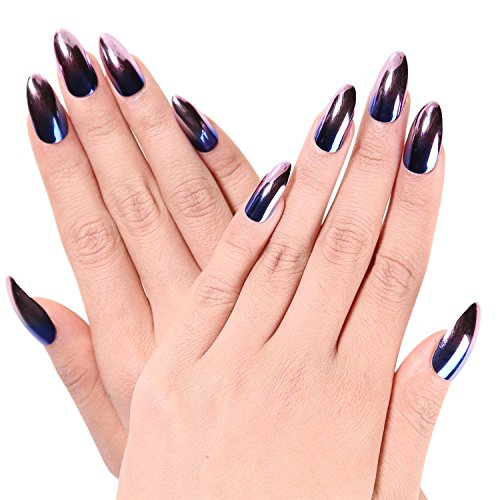 Ejiubas 24 Pcs Metalic Blue and Light Purple Pink Color Changing Full Cover Talone Medium False Nail Tips