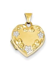 14k Yellow Gold & Rhodium Heart Locket with Rhodium Flowers. Metal Wt- 0.73g