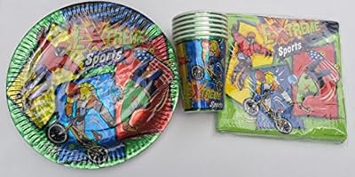 Extreme Sports BMX Skate Board Rollerblade Party Package 9" Plates (12) 7" Plates (12) Napkins (16) Table Cover (1)