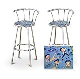 2 Betty Boop Baby Blue Chrome Metal Custom Barstools with Backrest Set
