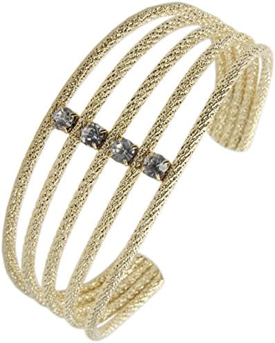 GalaxyStory Cubic Zirconia Gold Plated Sanding Open Cuff Narrow Bangle Gold Plated Brass
