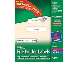 Avery File Folder Labels for Laser and Ink Jet Printers with TrueBlock Technology, 3.4375 x .66 inches, White, Box of 1500 (5366)