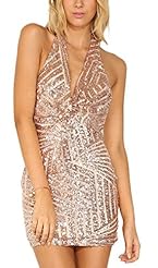 Sexy Asymmetric Backless Sequined Striped Print Halter Short  Dress