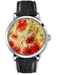 SPRAWL Aanalog Fashion Series Silver Ladies Watches of Genuine Black Leather Strap,Unique Wrist Watch for Women Girls Designed with Red flowers on old background