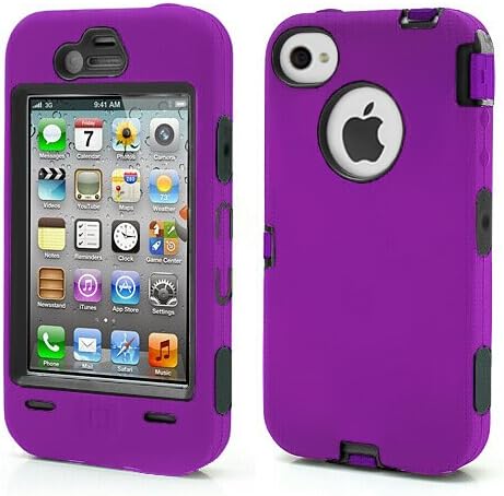 CWAccessories (TM) Plain Dual Layer Heavy Duty Rugged Silicone Hard Case Cover for Apple iPhone 4 4G 4S w/ Screen Protector (Purple/Black)