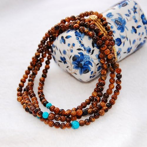 Maya Element Petrified Wood Tiger Eye 4mm Beads Bracelet Tibet Buddhist with Sewing Bag Mye-039