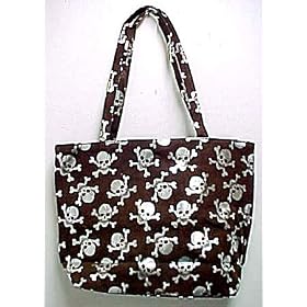 Brown Metallic Silver Skull and Crossbones Tote Bag