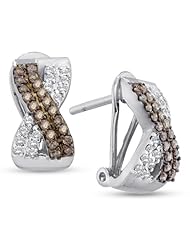 14K White and Yellow Two 2 Tone Gold Round Brilliant Cut Chocolate Brown and White Diamond - Crossover Shape Channel Set Studs Earrings - (.53 cttw.)