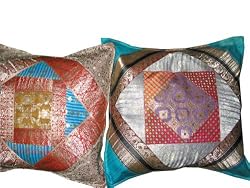 Christmas Gift-2 Deep Blue Orange Sari Zari Borders Toss Pillow Cushion Covers Free Shipping