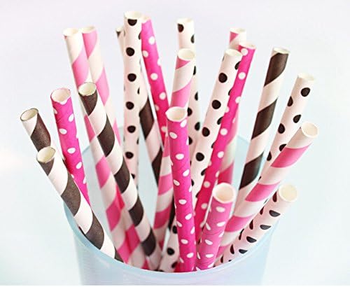 Myhothot Brand-Black White and Pink Round Dots and Strip Paper Straws, Birthday Party Baby Shower Bridal, Big Days - Bulk 7.75 Inches in Length- Pack of 100 Pieces.