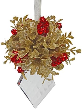 Kissing Krystal Mistletoe Ornament Glitter Gold Red Berries KK200 (Marquis)