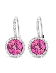 Synthetic 4.16ct Round-Shape Pink Created-Pink-Sapphire Gemstone & Diamond Earring Set In 14K White-Gold Lever-Back