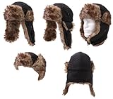 Black Faux Fur Trooper Trapper Bomber Aviator Ski Hat