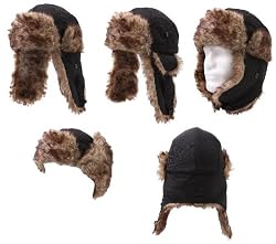 Black Faux Fur Winter Bomber Aviator Trooper Cap Hat Trapper