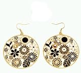 Goldtone and Black Flower Theme Round Dangle Earrings Fashion Jewelry