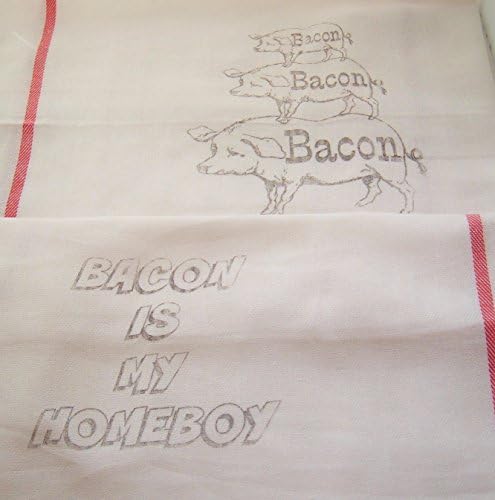 Kitchen kitsch Bacon Humor for Pork Lovers,Dish Kitchen Towels, Red Trim Cotton Towels, Hostess Gift guy gift ,Pig Totem,homeboy, Set of 2, hand printed linens