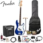 Fender Squier Affinity Metallic Blue P Bass with Rumble 15 Amp - Stop Dreaming, Start Playing Set with Fender/GO-DPS 12 Pack Pick Sampler (Item# FENDER-SAMPLER), Squier Bass Strings, Ultra Stand and Fender Polishing Spray, String Cleaner & Polishing Cloth