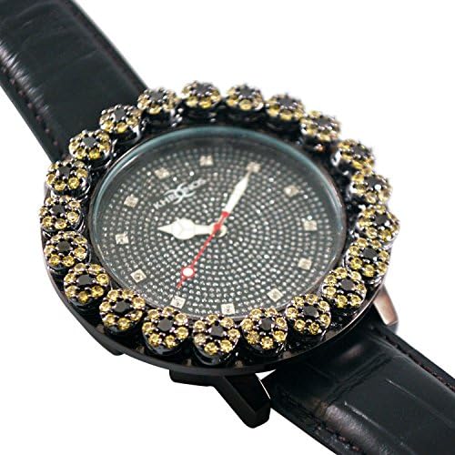 Kronos Diamond Simulated Flower Cluster Black Gold with Black and Canary Stones Leather Band Jojino Kc Style