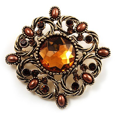 Vintage Filigree Crystal Brooch (Antique Gold&Amber Coloured)
