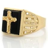 10K SOLID YELLOW GOLD ONYX CROSS RELIGIOUS MENS RING
