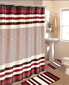 15PC BURGUNDY BROWN STRIPE BATHROOM BATH MATS SET RUG CARPET SHOWER CURTAIN