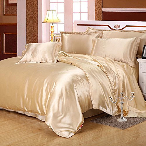 Light Tan Champagne Luxury Silk Bedding Set. Include Silk Duvet Cover, Silk Pillow Sham and Silk Fitted Sheet. Satin Silk, Silk Blend Fabric. No Comforter or Duvet Insert Included. Full/Queen Size.