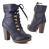 Damen Schuhe, STIEFELETTEN, SCHNÜR BOOTS, SD12-S11, Synthetik in hochwertiger Leder Optik, Blau, Gr 38