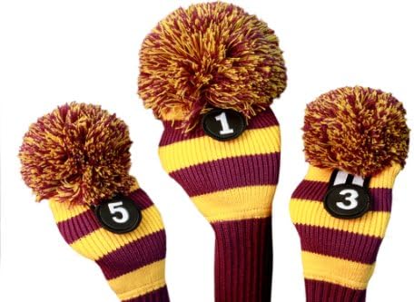 Majek Purple & Yellow Golf Club Head Cover Set for Limited Edition Throwback Long Neck Knit Retro Pom Pom Traditional Classic Vintage Old School Ultimate 460cc Driver Fairway Wood Golf Head Cover Stripe Set lsu colors
