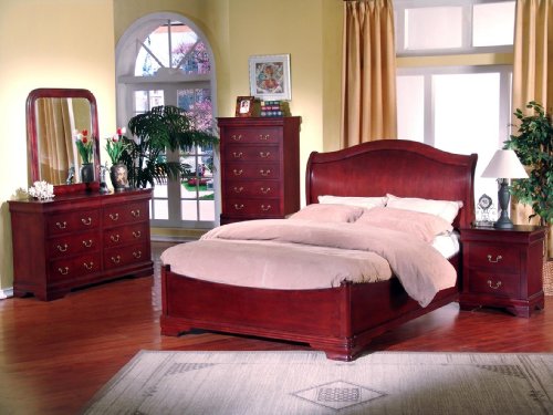 5pc Cherry Finish Louis Phillipe Hardwood King Size Sleigh Bedroom Set