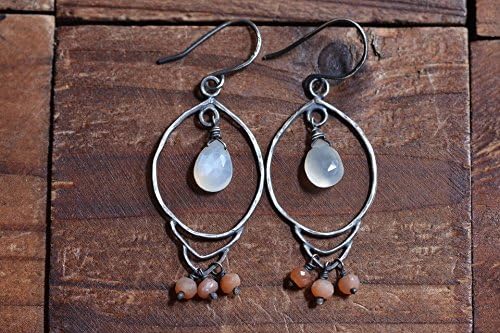 White and Peach Moonstone Sterling Silver Hoop Dangle Earrings