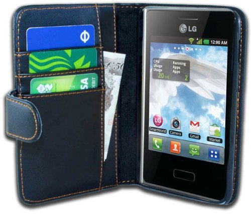 Black PU Leather Wallet Vertical Case for LG E400 Optimus L3 - Flip Phone Cover + 2 Screen Protectors