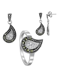 Sterling Silver Paisley Shape CZ and Marcasite Jewelry Set Ring Size 7.5