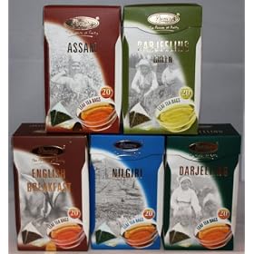 FIVE PACKETS OF REAL LEAF TEA BAGS - ENGLISH BREAKFAST - ASSAM - DARJEELING - DARJEELING GREEN - NILGIRI