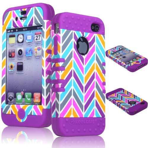 Bastex Hybrid Rocker Case for Apple iPhone 4, 4s - Purple Silicone with Pink, Gray, Blue, & Orange Neon Colors - Chevron Style Hard Shell