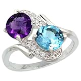 10k White Gold ( 7 mm ) Double Stone Engagement Amethyst & Swiss Blue Topaz Ring w/ 0.05 Carat Brilliant Cut Diamonds & 2.34 Carats Round Stones, 3/4 in. (19mm) wide, size 7