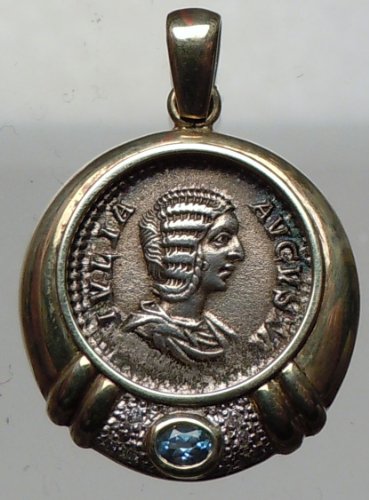 14 Karat Gold Topaz & Diamond Pendant Julia Domna 210AD Silver Roman Coin Venus-image