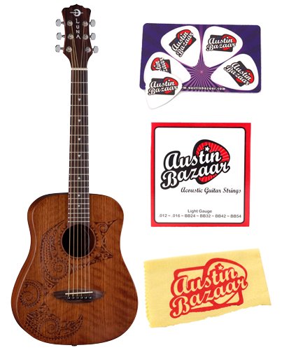 Luna Safari Series Tattoo Travel-Size Dreadnought Acoustic Guitar Bundle with Strings, Pick Card, and Polishing Cloth On Sale