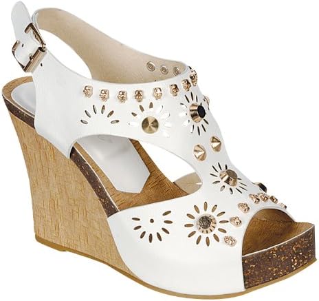Reneeze CALM-02 Women's Studded Wedge Sandals- White, Size 7.5