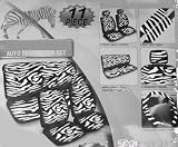 Safari Animal Print Auto Interior Gift Set - 2 Zebra Low Back Front Bucket Seat Covers with Separate Headrest Cover, 1 Zebra Steering Wheel Cover, 2 Zebra Shoulder Harness Pressure Relief Cover, and 1 Bench Cover