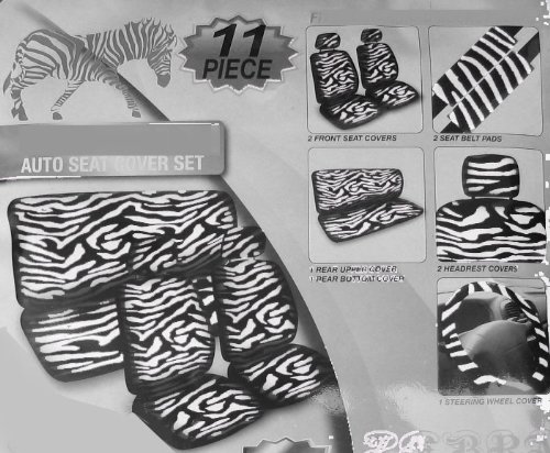 Safari Animal Print Auto Interior Gift Set - 2 Zebra Low Back Front Bucket Seat Covers with Separate Headrest Cover, 1 Zebra Steering Wheel Cover, 2 Zebra Shoulder Harness Pressure Relief Cover, and 1 Bench Cover