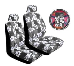 - Grey Universal-fit Hawaiian Hibiscus Floral Print Low Back Front Bucket Seat Cover with Separate Headrest Cover, Steering Wheel Cover and Shoulder Seat Belt Pads Combo