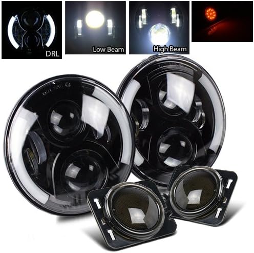 7 Inch Round CREE Black LED Projector Headlight and 5W 10pcs 3030 SMD Side Marker(Smoke Amber) for Jeep JK TJ LJ CJ