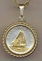 Bahamas 25 Cent &Ograve;Sail Boat&Oacute; Two Tone Gold Filled Rope Bezel Coin on 18" Necklace