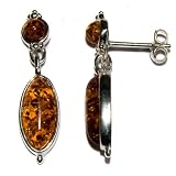 Certified Genuine Honey Amber and Sterling Silver Oval Stud Earrings