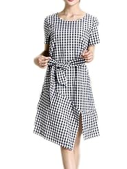 Sophisticated Thigh Length Short Sleeves Plaid Print  Vintage Belted Round Neck Summer Cotton/Linen  Dress With a Bow(s)