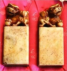Hand carved pair of antique chinese stone fu dog seal chops - 3"H
